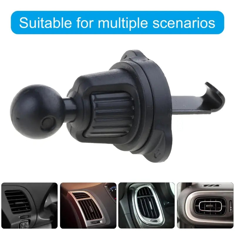 support de téléphone pour grille d’aération de voiture en plastique noir avec articulation à bille de 17 mm et clip réglable pour un montage sûr.