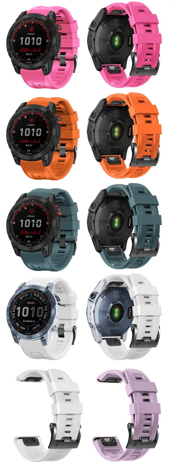Un ensemble de bandes de poignet en silicone à fixation rapide Garmin Fenix colorées, en rose, orange, bleu-vert, blanc et lavande, avec des bracelets en caoutchouc sportifs.
