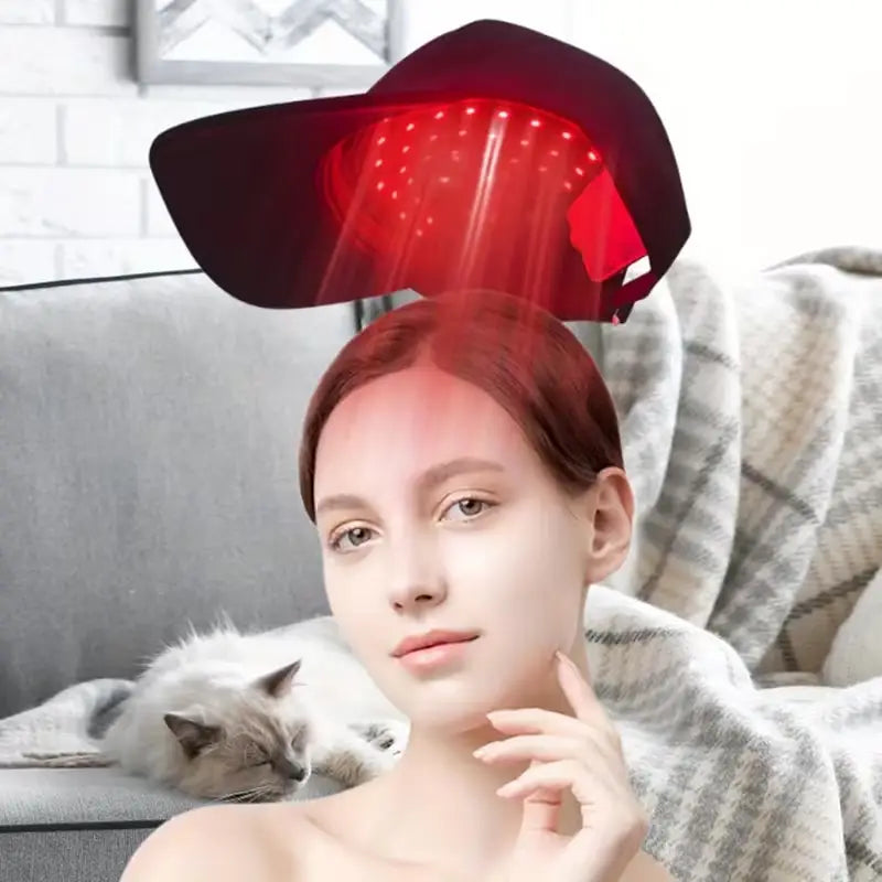 casquette noire de traitement par lumière rouge pour la pousse des cheveux avec visière incurvée et plusieurs DEL rouges lumineuses disposées en rangées sur la surface supérieure