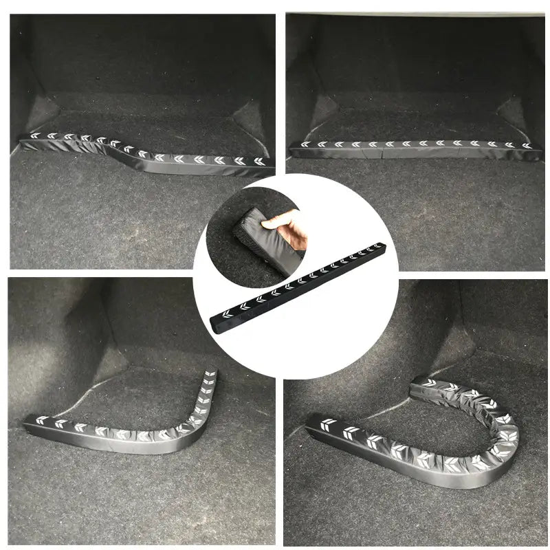 Forro para organizador flexible del maletero del coche y varilla de almacenamiento de goma negra con patrón de flechas blancas.
