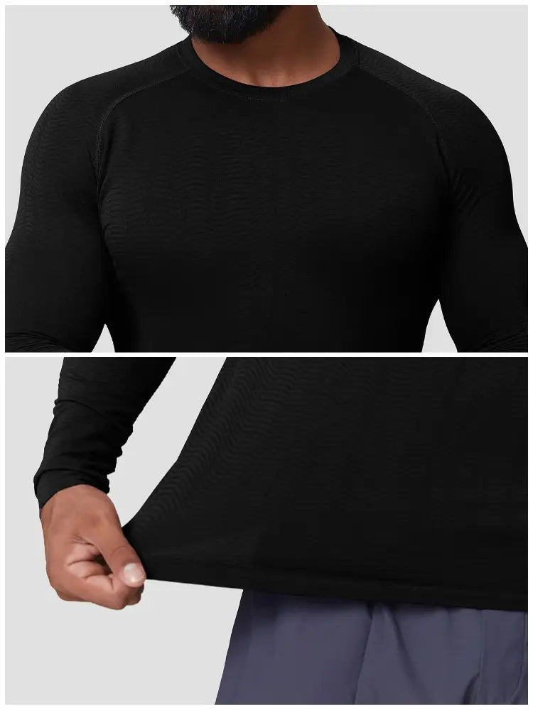 men’s quick dry long sleeve athletic fishing shirt in black with a crew neck and raglan sleeves made from moisture-wicking fabric.