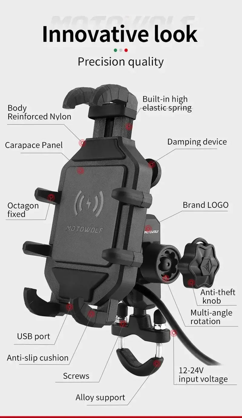 Black reinforced nylon motorcycle wireless charging phone mount with alloy support and anti-theft knob shown from the back side