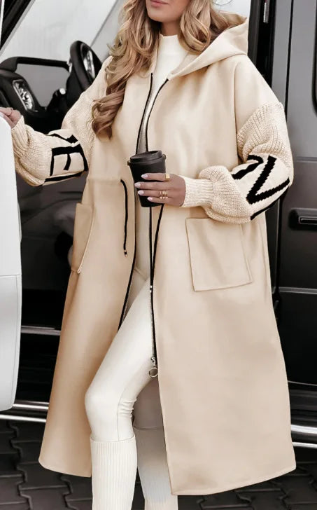 European and American Long-Sleeved Hooded Trench Coat Overlay Sweater Jacket for Women, Autumn and Winter.