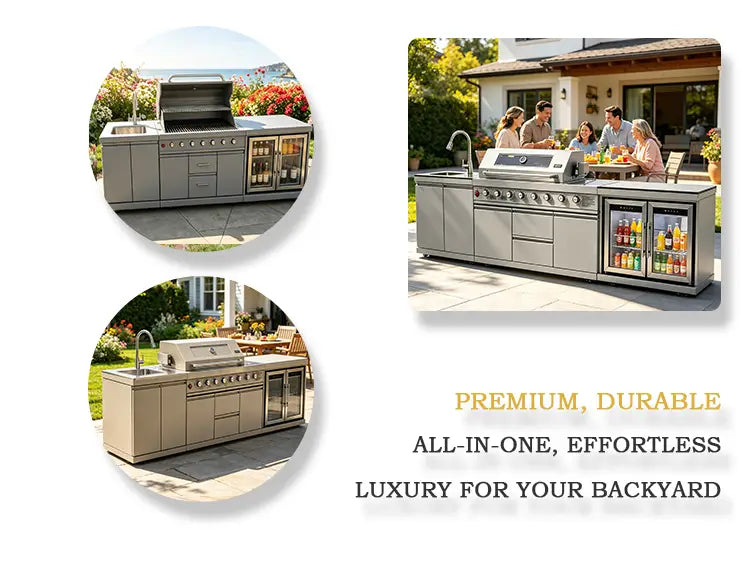 Edelstahl-Outdoorkücheninsel und Grill-Set mit integriertem Grill, Waschbecken und gekühltem Getränkekühler für Outdoor-Kochen und Unterhaltung.