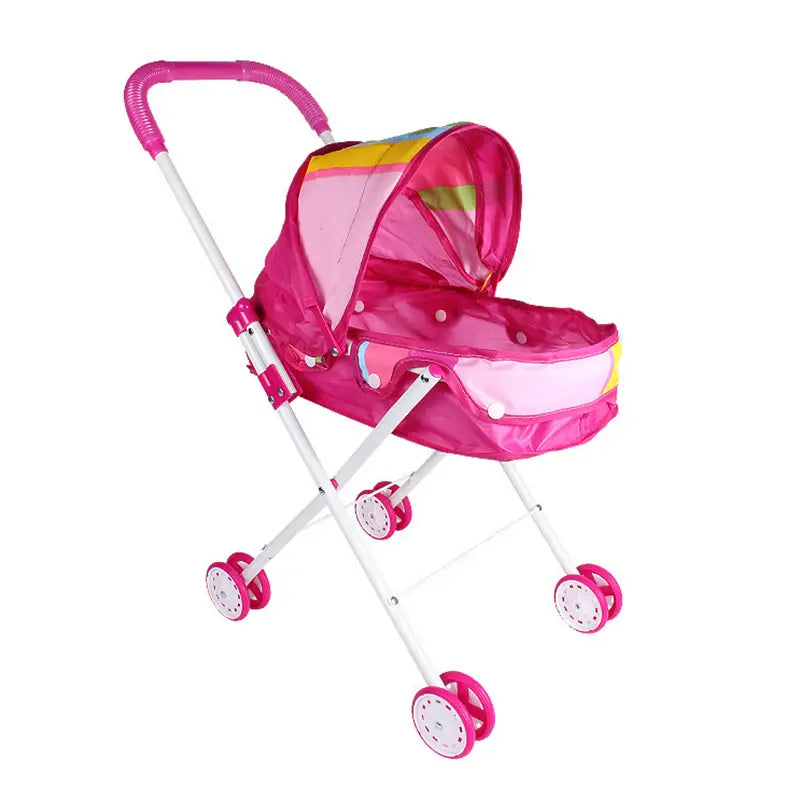 Rosa Plastik-Puppenwagen für 12-Zoll-Babypuppen mit Regenbogen-gestreiftem Sonnendach und weißen Rädern