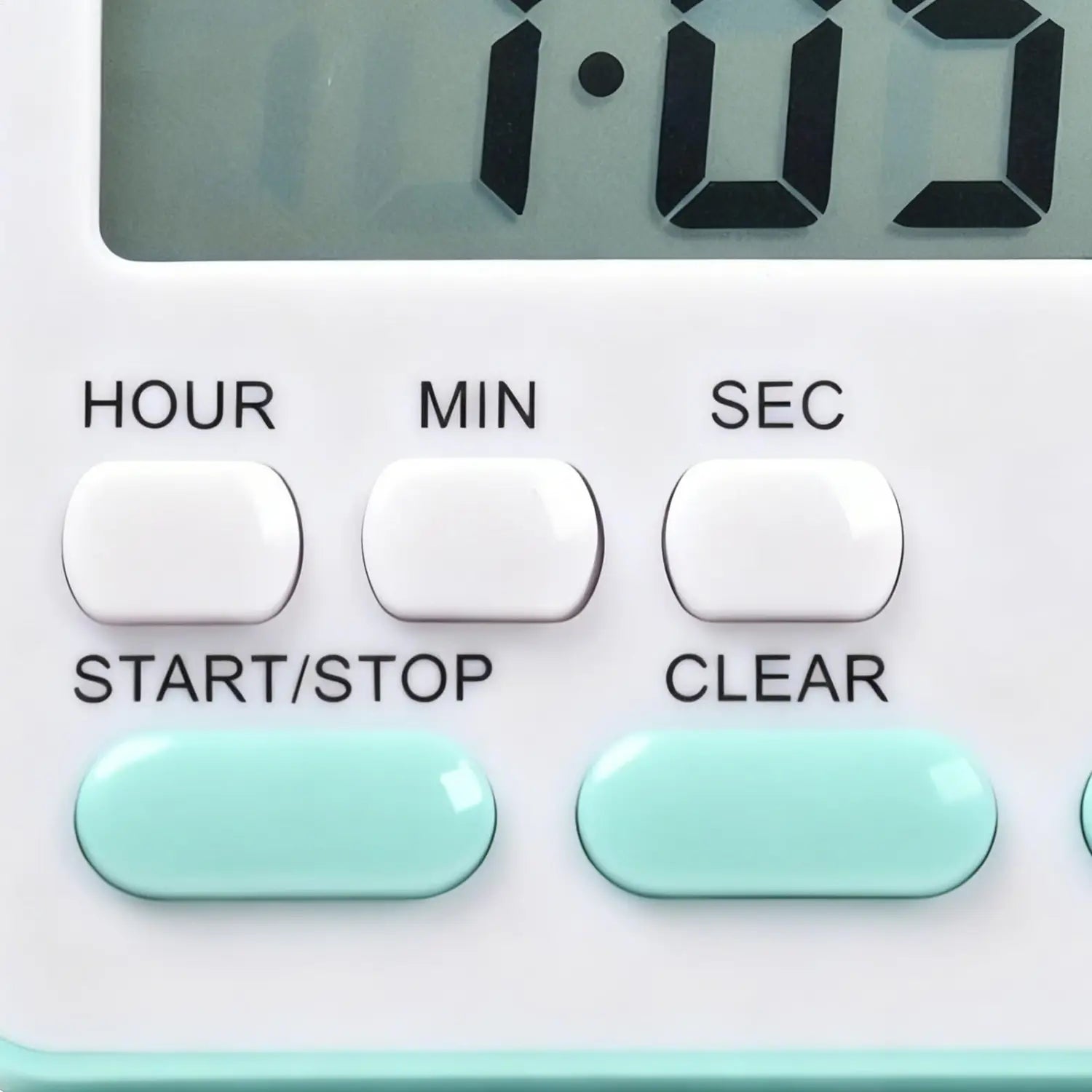 Digitaler Küchentimer als geräuschlose Countdown-Uhr in Weiß mit mintgrünen Tasten und klarem LCD-Display, das die Zeit anzeigt