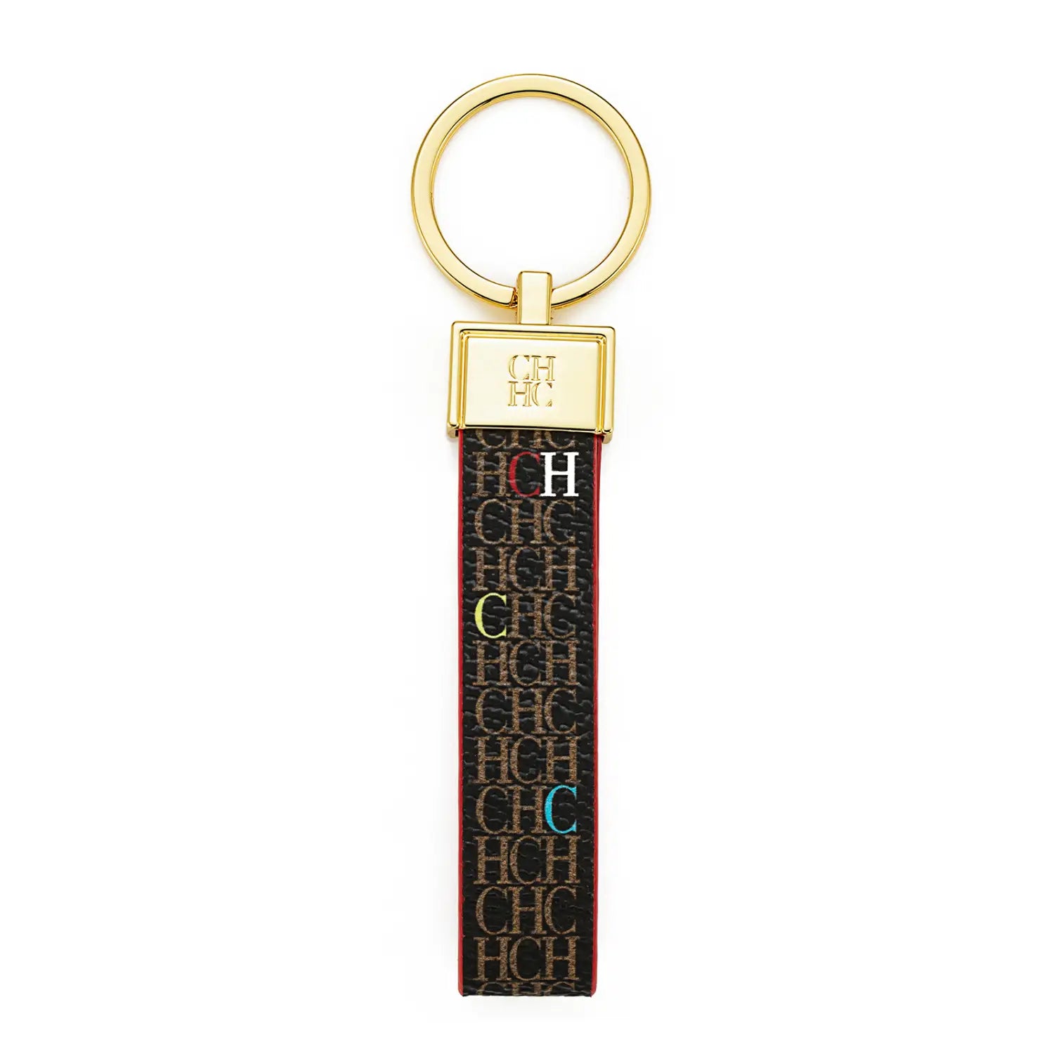 A sleek black leather keychain with a repeating ch monogram pattern in gold accented by colorful lettering and a polished gold tone metal ring designed as a fashion accessory gift.