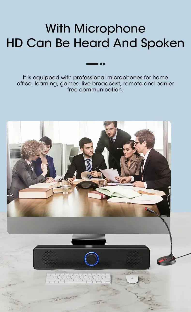 Black rectangular Bluetooth computer speaker wireless desktop soundbar with blue circular control button and two side speakers accompanied by a black gooseneck microphone.