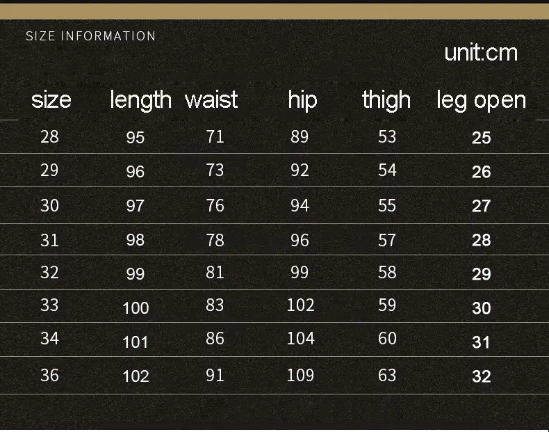 Size information chart for distressed slim fit light wash denim jeans displaying pants measurements in centimeters across sizes 28 to 36.