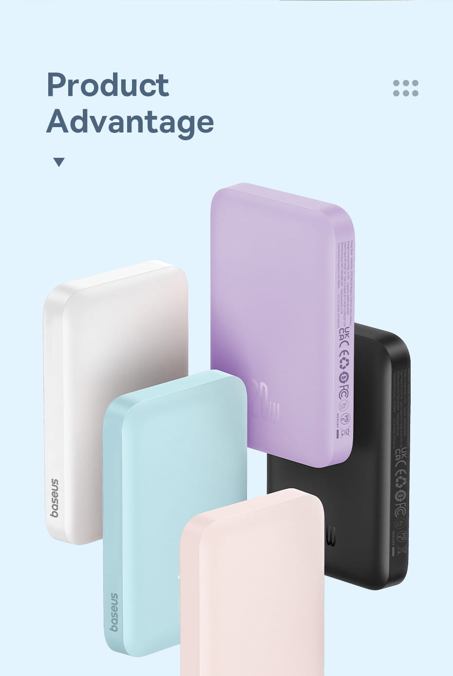 Pastel-colored Baseus magnetic power bank 20w wireless charger in white lavender light blue and black with a matte finish featuring high energy conversion rate and efficient version product capacity.