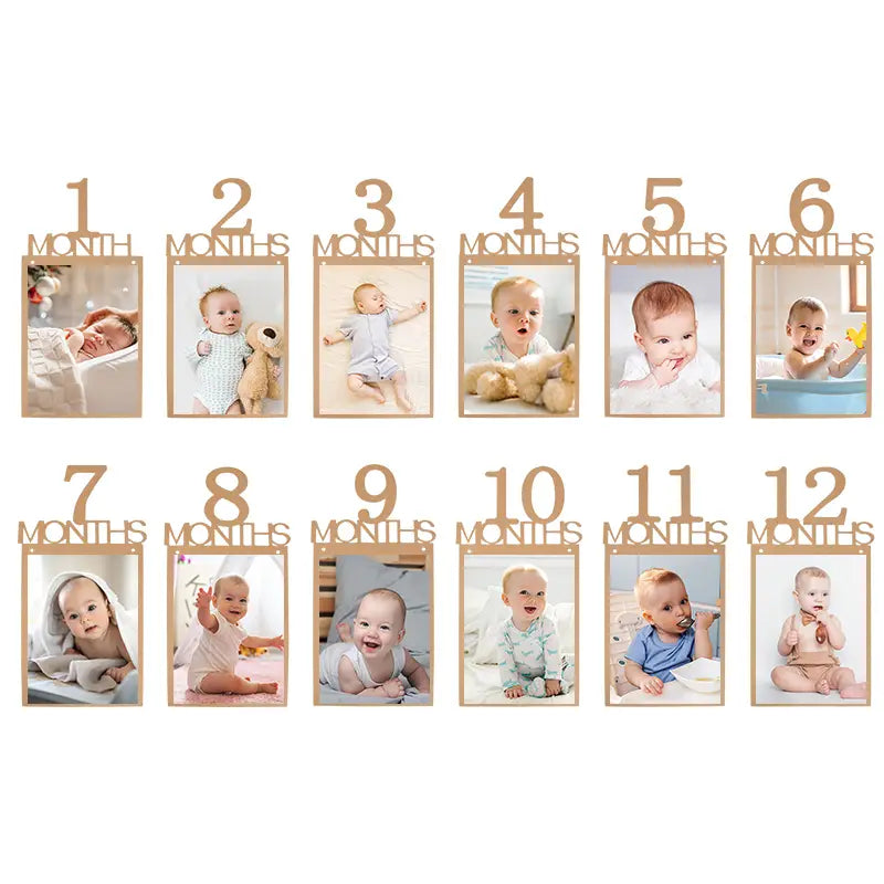 Wooden baby milestone photo frame set with numbered slots from 1 to 12 for monthly pictures in a 1st birthday photo banner monthly picture garland.
