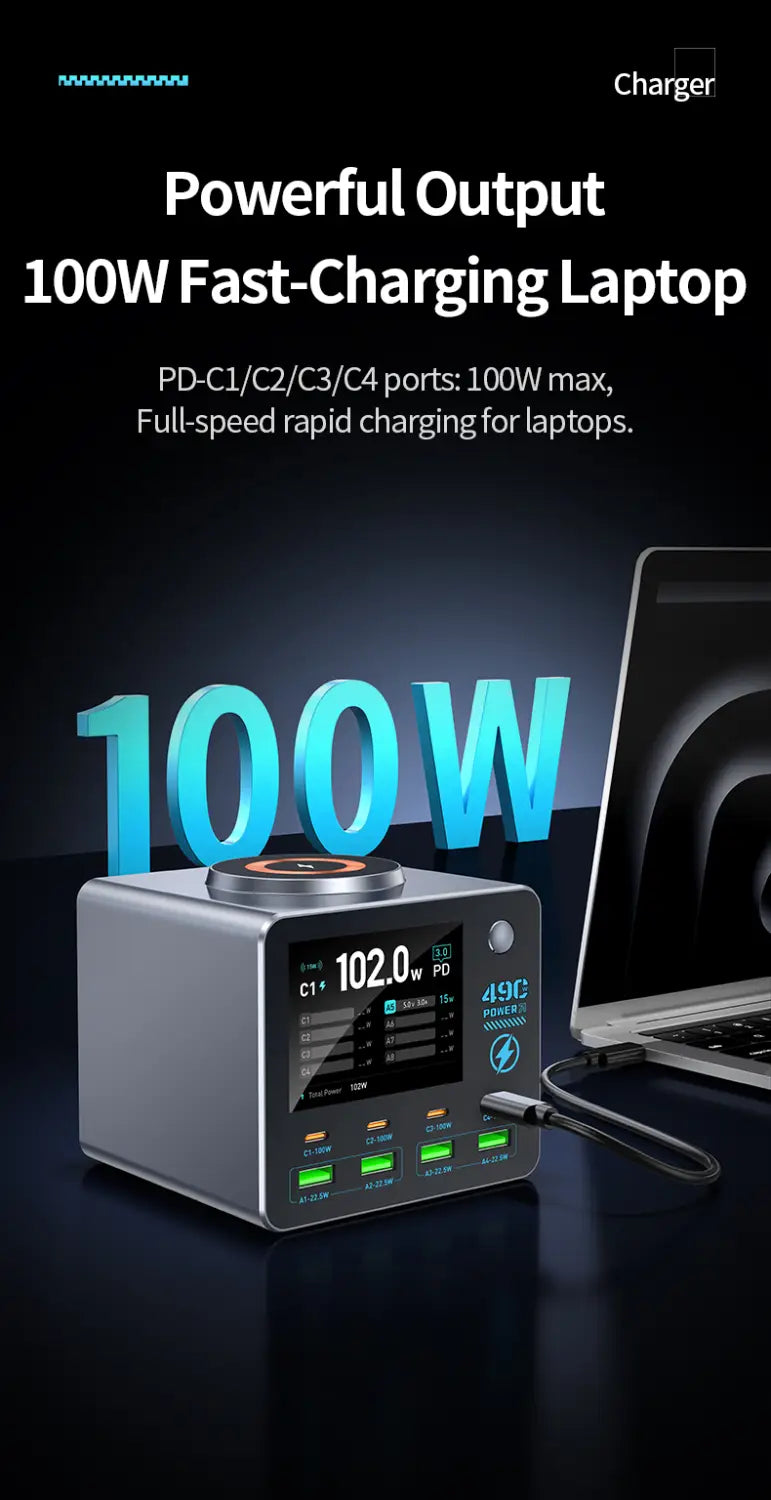 Silver metallic 140w 9-port smart gan desktop charger featuring multiple usb-c ports and a digital display for fast charging laptops.