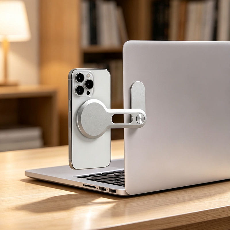 Silberner Aluminium-Magnet-Phonehalter, der ein weißes iPhone an der Rückseite eines Laptops als Magnet-Telefonständer hält