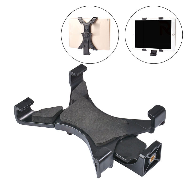Black plastic tablet holder tripod mount with adjustable clamps and a central foam pad for secure grip designed for iPad and smartphones.
