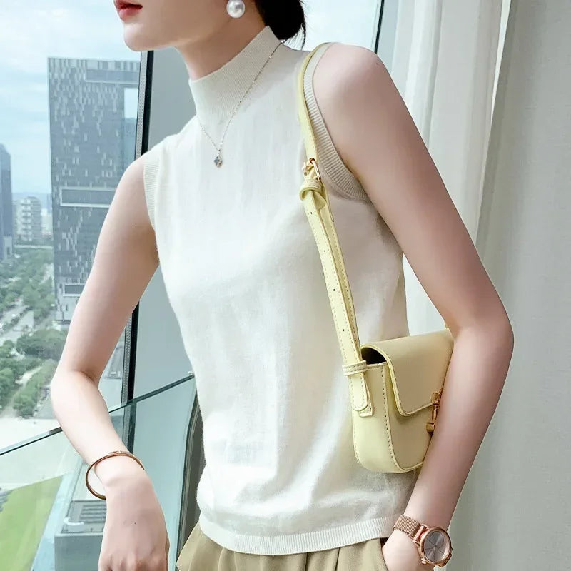 2025 Worsted Pure Wool Women's Autumn And Winter New Half-high Collar Short Slim Fit Inner Base Sweater Sleeveless Vest Women