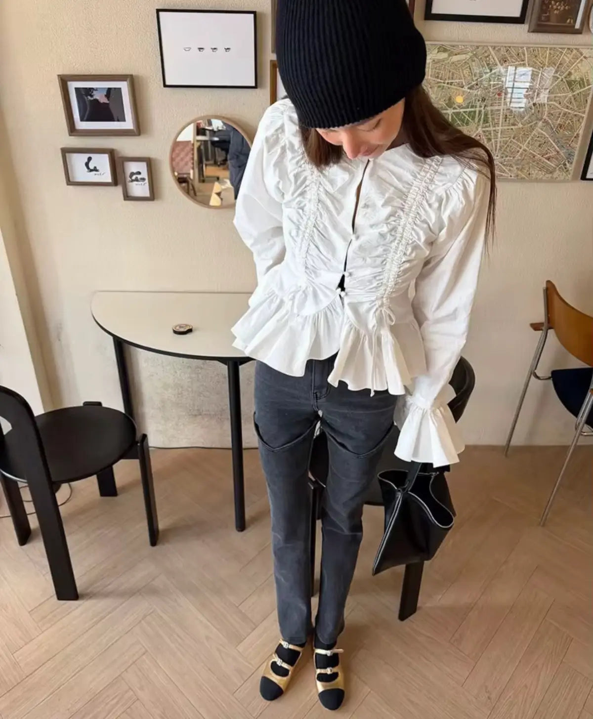 White ruffled blouse with lace detailing and a front zipper featuring a slim-fit design and round neckline for women