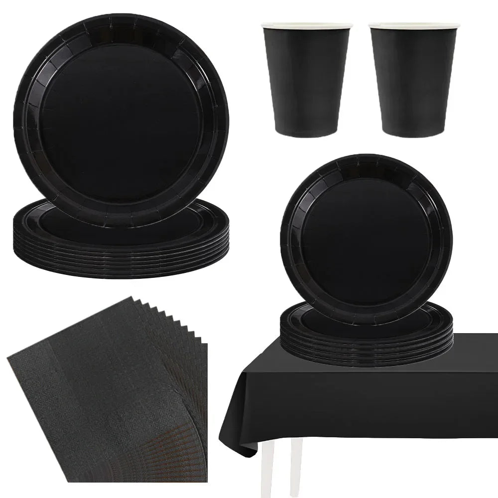 Simple Black Disposable Tableware Set Paper Plates Cups Napkins Tablecloth Birthday Party Decorations Adult Wedding Supplies