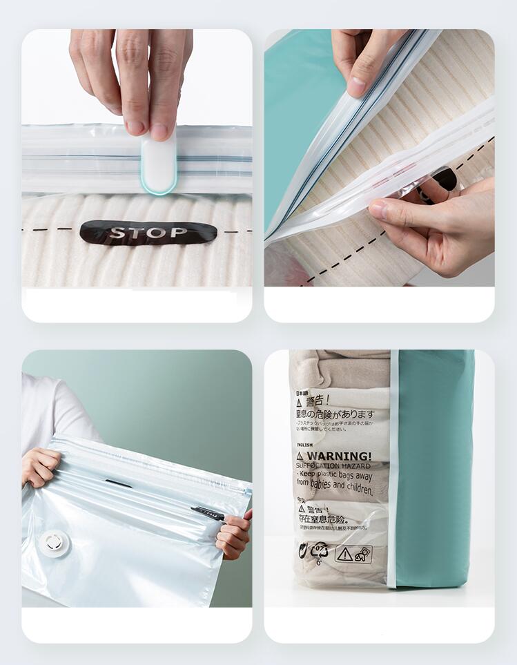 Transparente Kunststoff-Vakuumbeutel mit schwarzem Stop-Label und Teal-Zuggriff für Reißverschlüsse, ausgelegt für die große, pumpfreie Aufbewahrung von Kleidung.