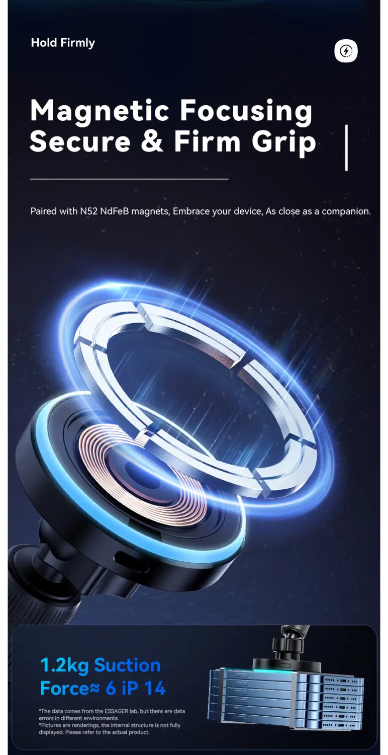 Essager 15w magnetic wireless car charger mount in black with glowing blue circular accents and a sleek modern design.