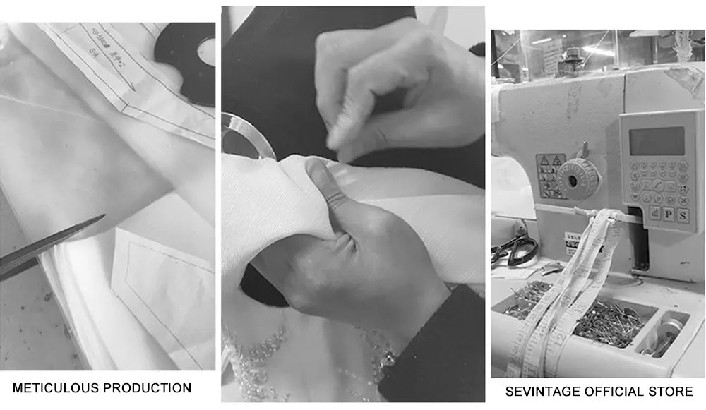 Die Schwarzweiß-Collage zeigt sorgfältige Produktionsszenen im offiziellen SEVintage-Store und stellt ein maßgeschneidertes trägerloses A-Linien-Hochzeitskleid aus Satin mit Bodenlänge vor.