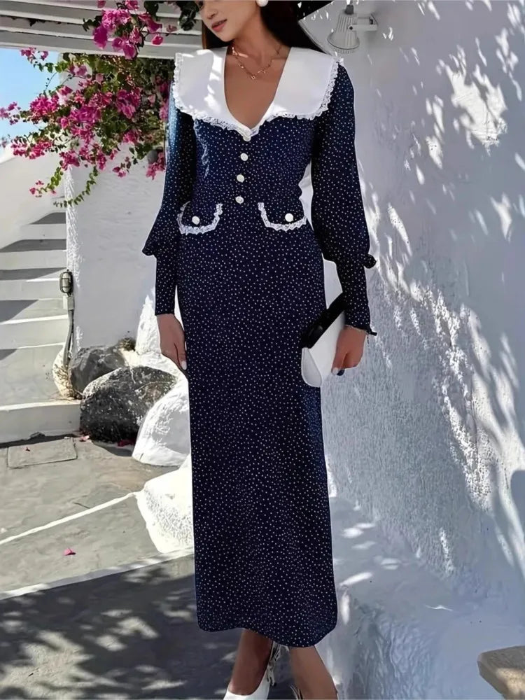 2025 Autumn Winter Dress Women Fall Trend Long Sleeve V-Neck Polka Dot Sexy Elegant Evening Party Skinny Stretch Maxi Bodycon