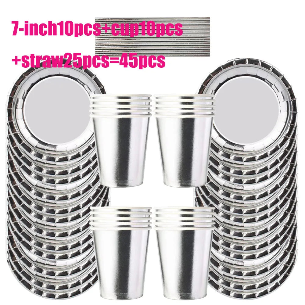 Birthday Party Decor Disposable Tableware Set Baby Shower Wedding Bachelor Party Supplies Silver Paper Plates Banner Tablecloth