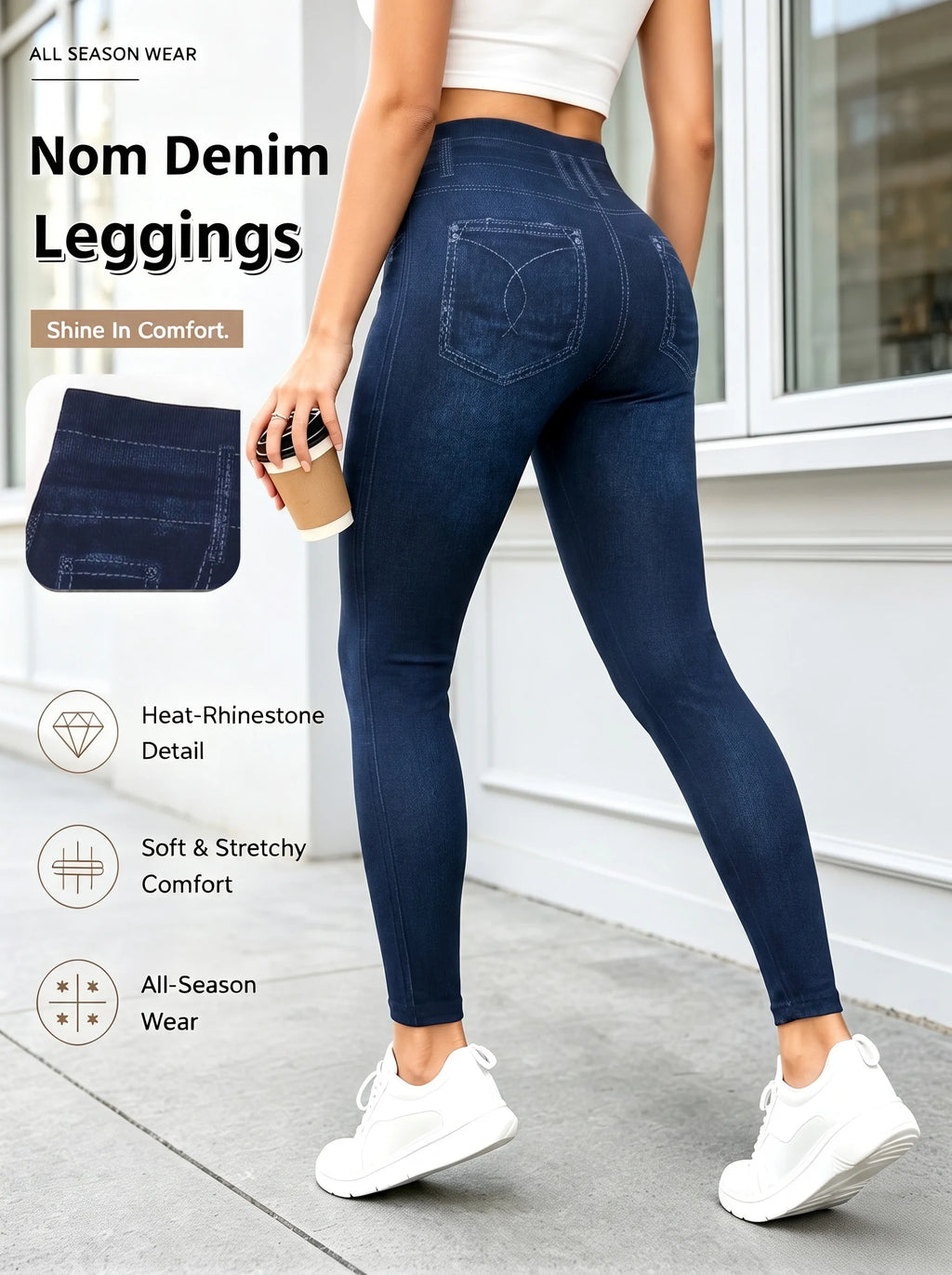Women's Washed Blue Faux Denim Ankle Leggings High Stretch Pants for Jogging Light Hikes Low-Impact Fitness Daily Wear