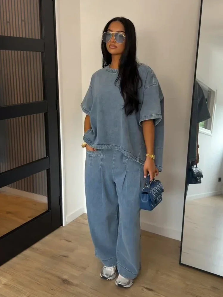 Casual Denim Blouse Trousers Suit Women Blue Half Sleeve O-Neck Top Pleated Tops Wide Leg Pants Set Female Autumn Chic Lady Sets