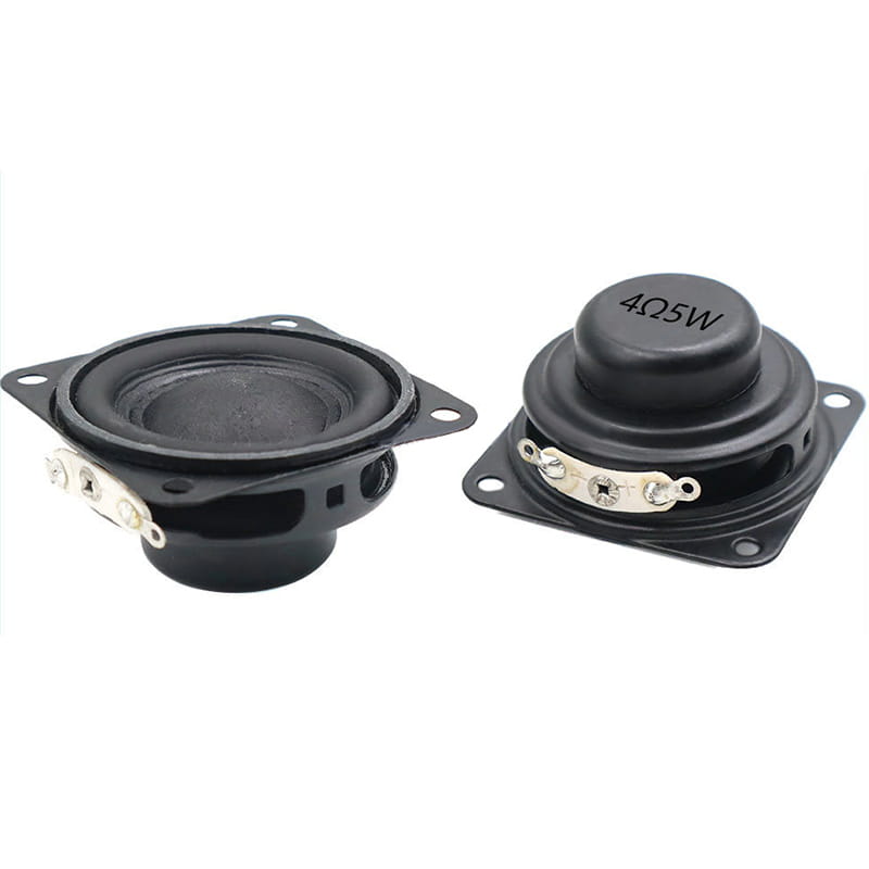 black 40mm 4 ohm 5w full range bluetooth speaker driver components with metallic terminals and square mounting brackets shown from the back side