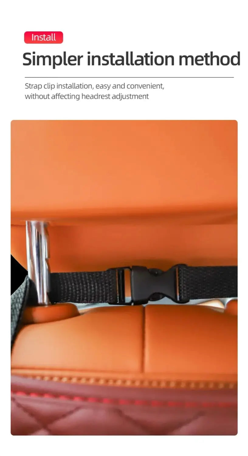 black strap clip with a metallic silver buckle designed for easy installation on car headrests in the quilted car seat organizer storage bag