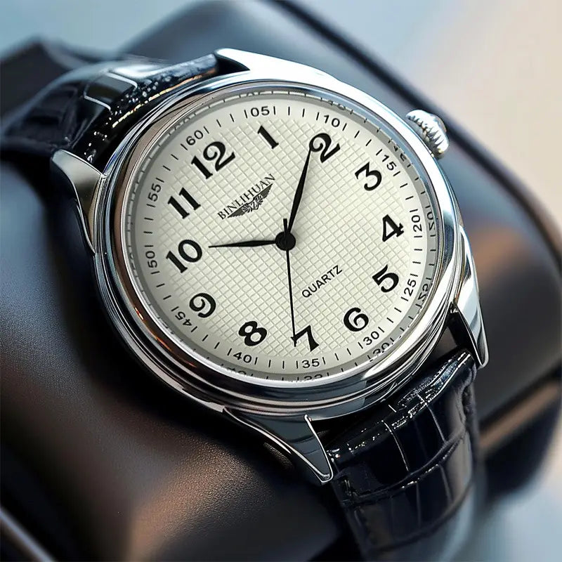 A sleek silver-toned mens quartz leather watch with a textured cream dial, black arabic numerals, a polished stainless steel case, and a glossy black leather strap designed for waterproof business use.