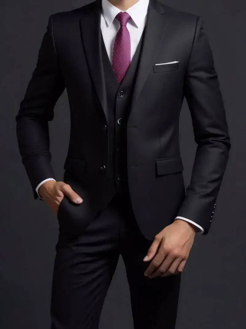 Traje de tres piezas de hombre, de un solo pecho para vestir formal, color negro, con camisa de vestir blanca y corbata burdeos, con tipo de cierre de un solo botón.