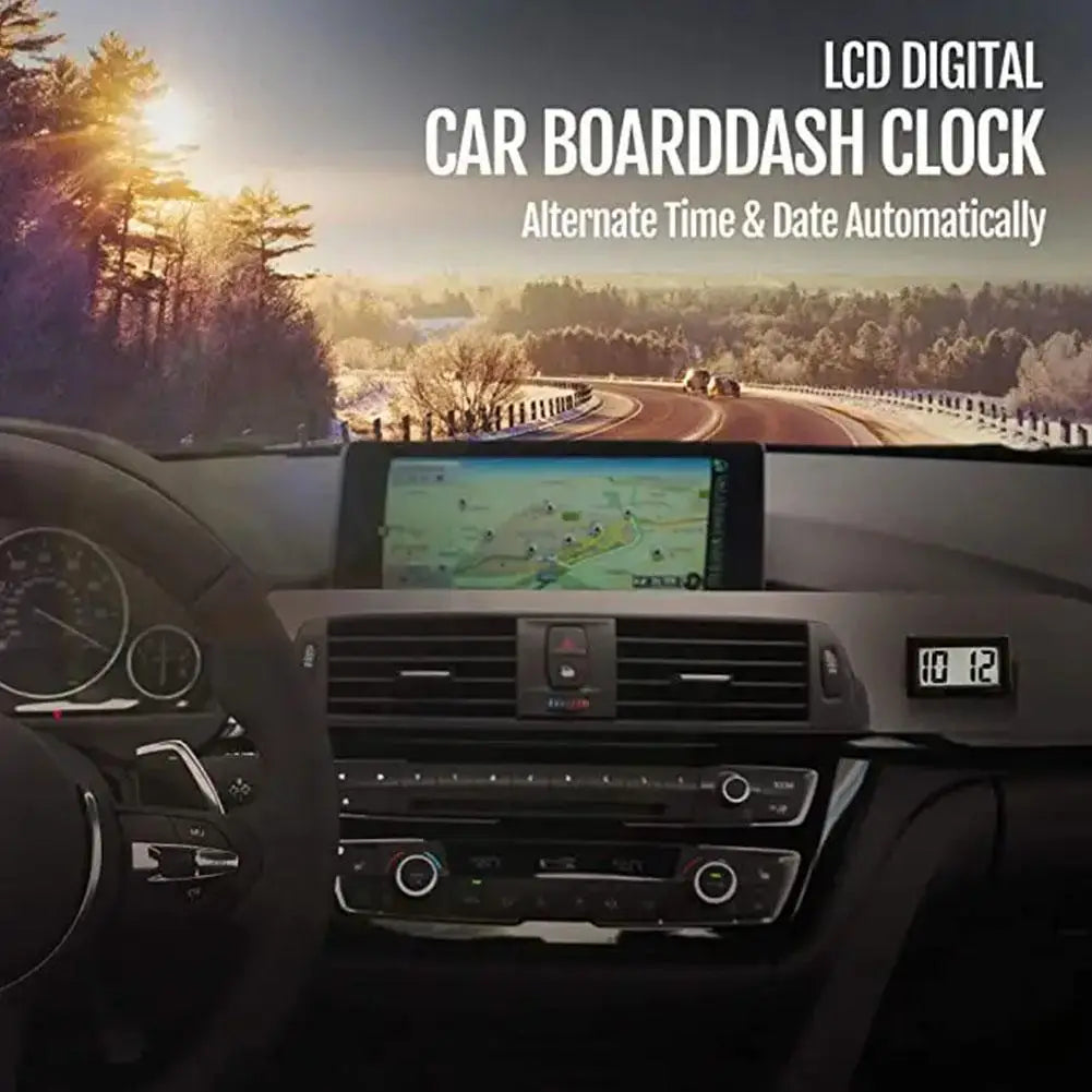 Schwarze LCD-digitale Fahrzeuguhr-Dashboard-Uhrzeit-Anzeige, die Zeit und Datum mit einem eleganten, modernen Design anzeigt.