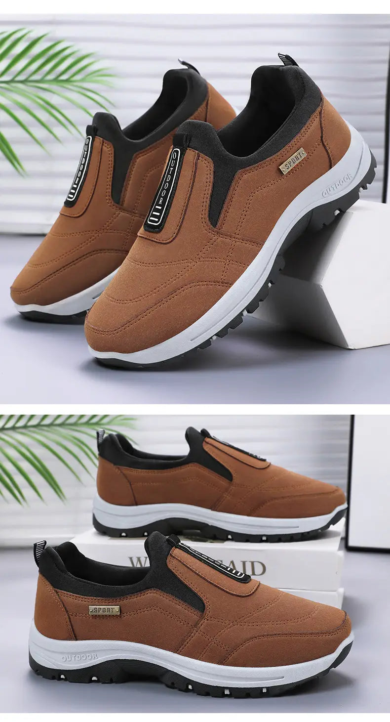 Men orthopedic slip-on walking shoes in brown suede with black accents and a white rubber sole.