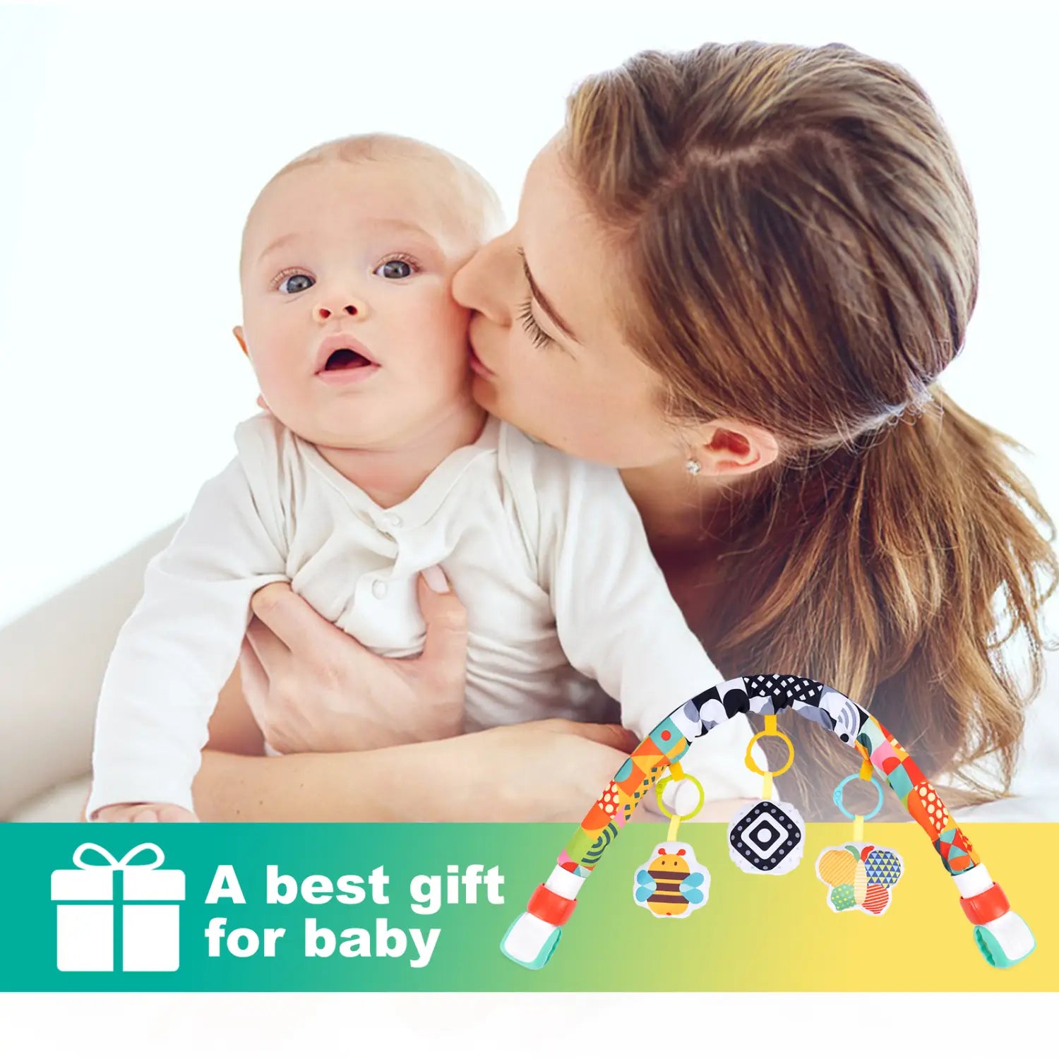 bunter gemusterter Baby-Aktivitätsbogen mit weichen hängenden Spielzeugen, ausgelegt als Fahrwagenbogen-Spielzeug für sensorische Aktivitäten für Babys.