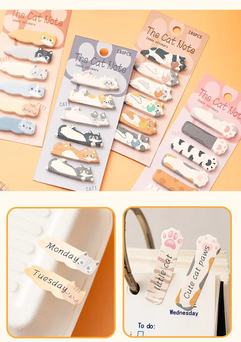 Niedliche, katzenförmige Indexaufkleber in Pastellfarben mit verspielten Designs und Wochentagen zum Organisieren von Notizen im Katzenhaftnotizen-Memo-Pad-Set.