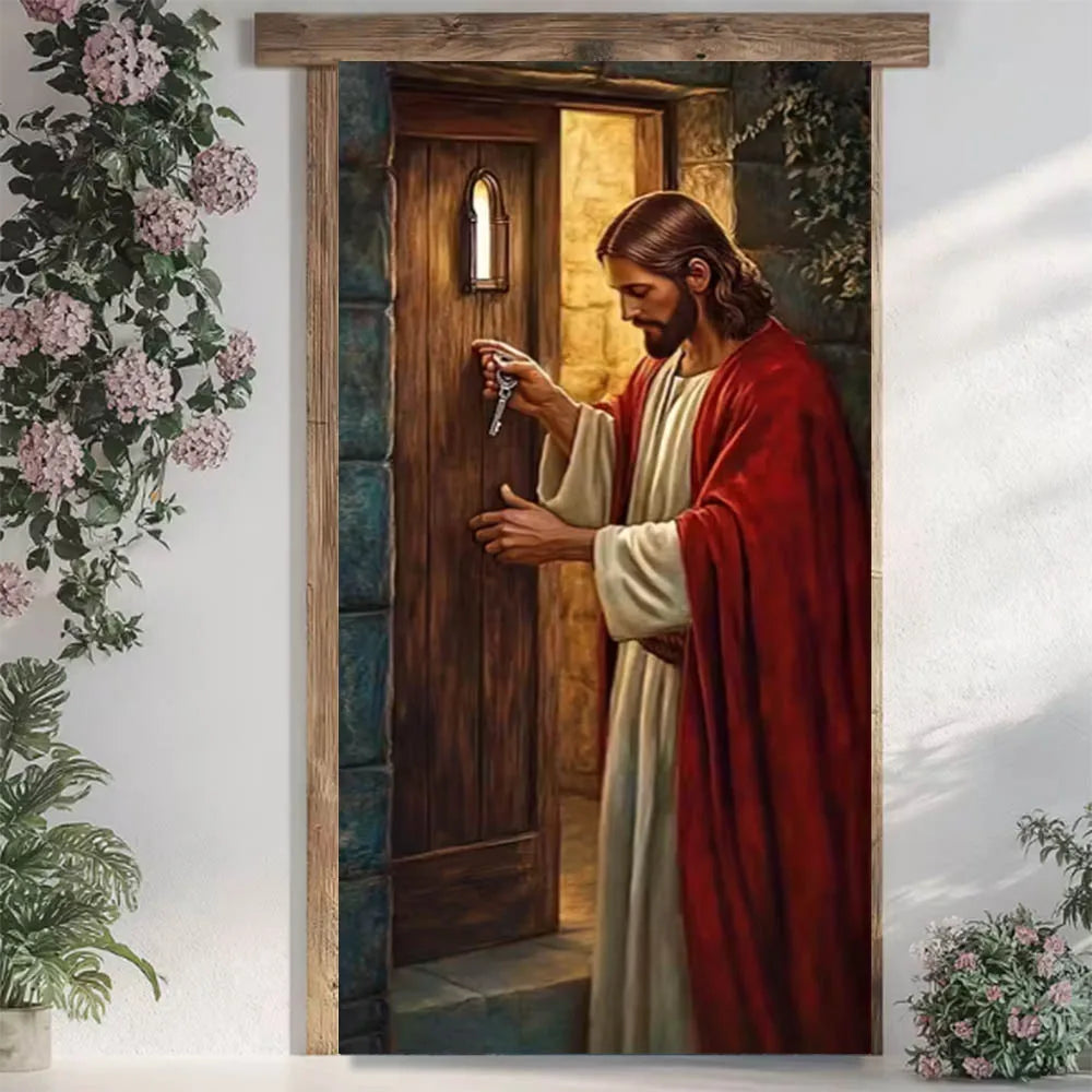 Ein gerahmtes religiöses Oster-Jesus-Türverkleidungs-Fotografie-Hintergrundbanner mit Jesus in einem roten Gewand, der vor einer gewölbten Holztür steht; mit detaillierten Steinmauern und kletternden Blumen.