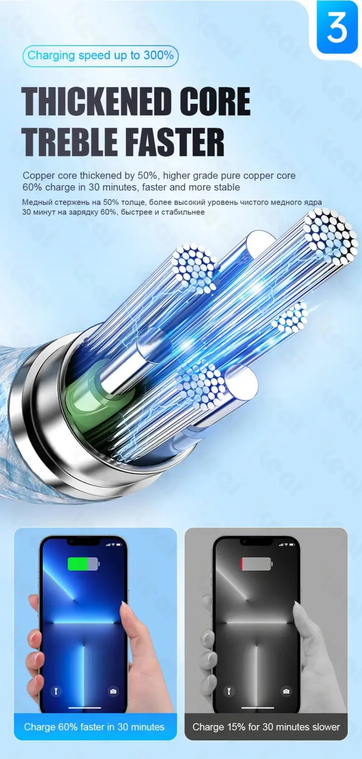 A sleek silver 60w usb c braided iphone fast charging cable with a thickened copper core for faster charging.