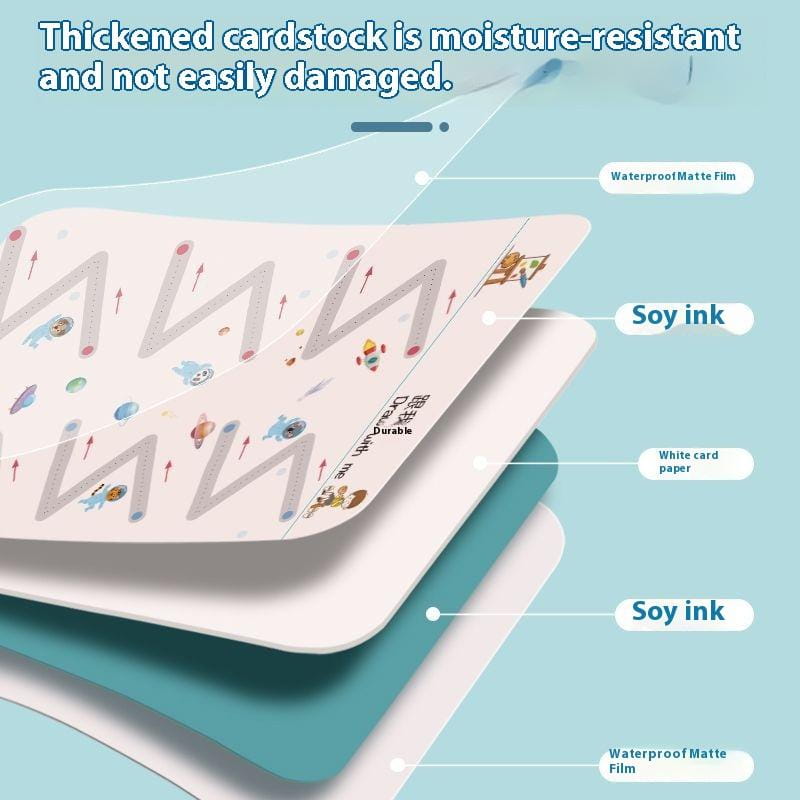 Wiederverwendbares Nachzeichnungs-Arbeitsheft für Kinder mit einer Aktivitätsunterlage aus weißem Karton mit farbenfrohen, weltraumbezogenen Illustrationen und einem wellenförmigen Labyrinthdesign, geschützt durch eine wasserfeste, matte Folie.