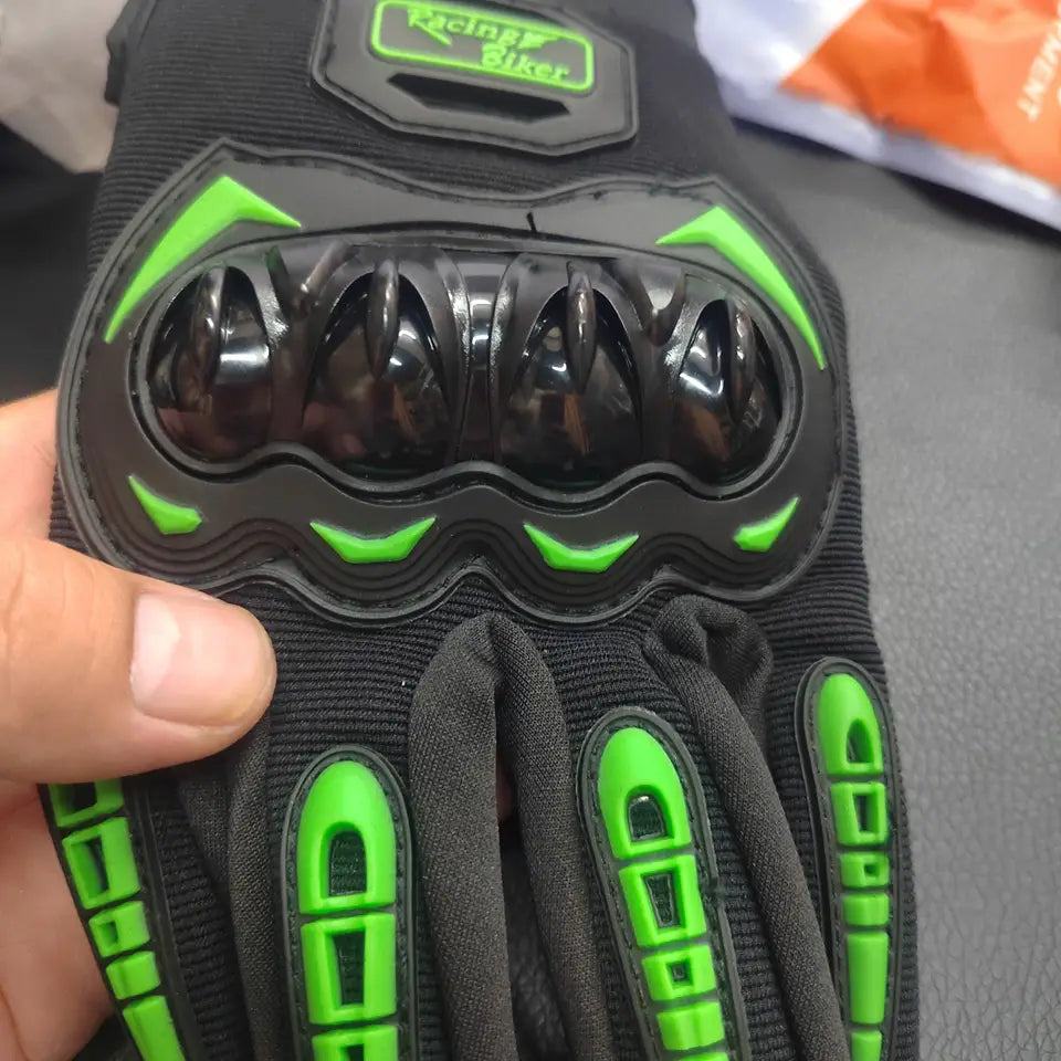 black and neon green motorcycle racing glove with breathable material, reinforced knuckle protection, and textured grip panels shown from the back side.