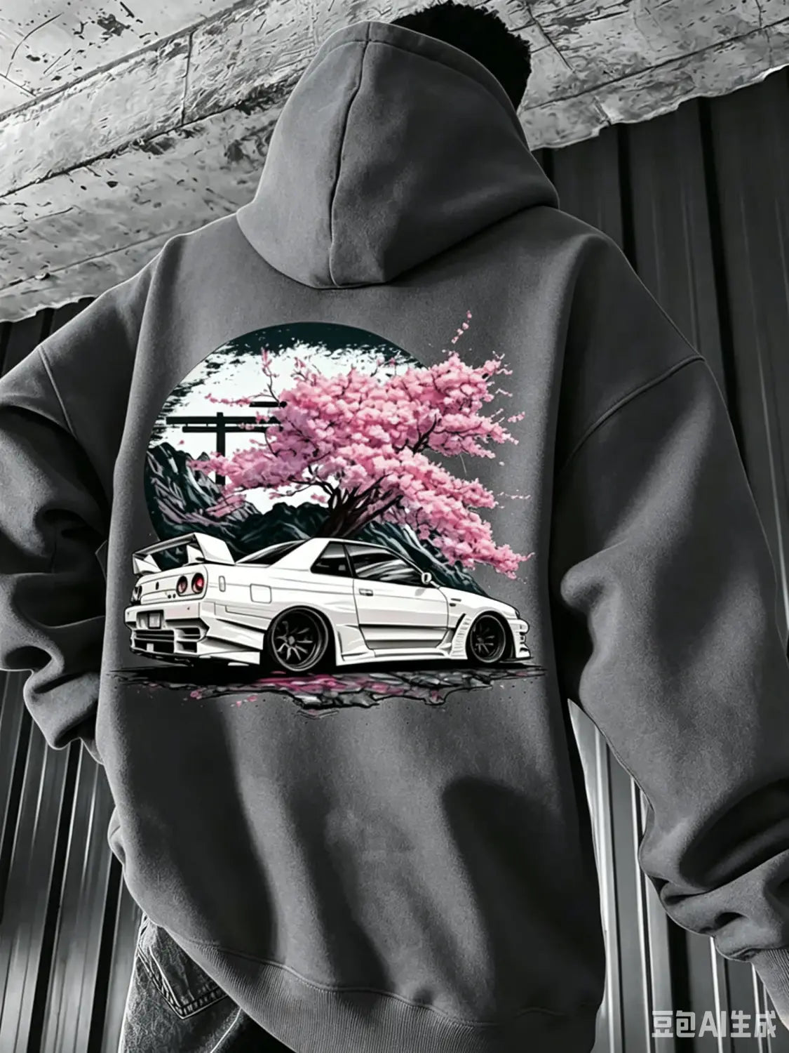 gray hoodie featuring a vibrant graphic of a white sports car beneath a pink cherry blossom tree against a dark circular backdrop from the jdm skyline cherry blossom men hoodie collection.
