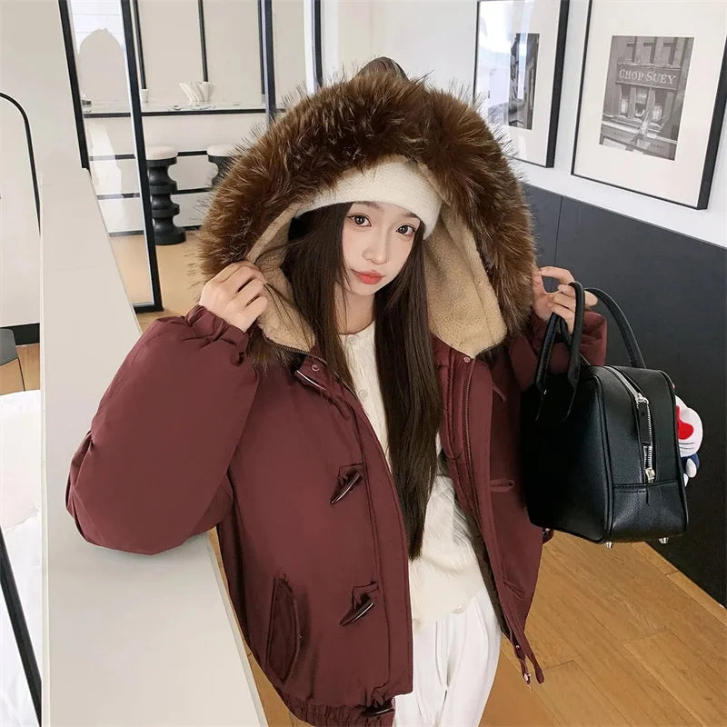 Warm Down jacket Ladies Pai Overcome Winter 2026 New Cotton Padded Coat Women Parkas Horn Hooded Outcoat Big fur collar Overcoat