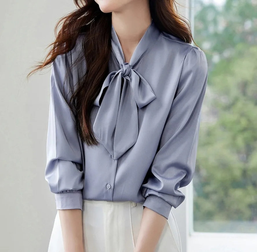 Women Elegant Satin Blouse Bow Tie Neck Puff Long Sleeve Formal Office Work Shirt For Spring Autumn