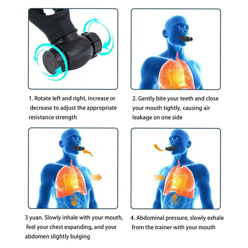 black plastic mouthpiece lung breathing trainer with adjustable resistance settings for fitness and respiratory exercise