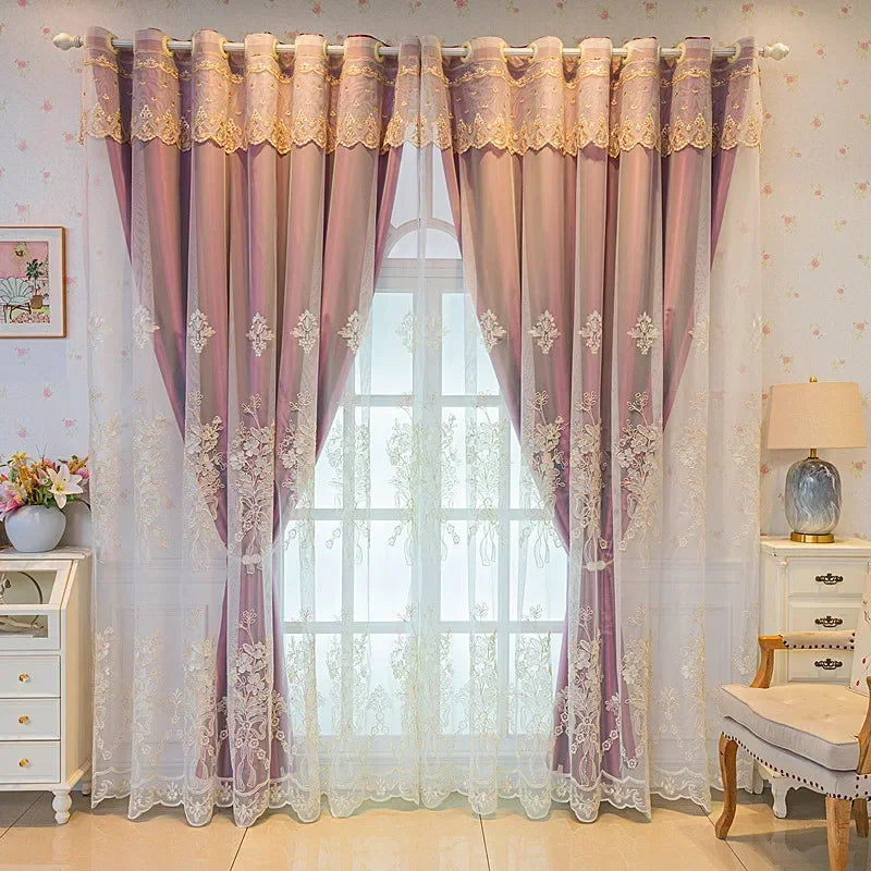 European Luxury Curtains for Living Room Bedroom  Embossed Embroidered Double-layer Blackout Cloth Gauze Integrated Custom Tulle