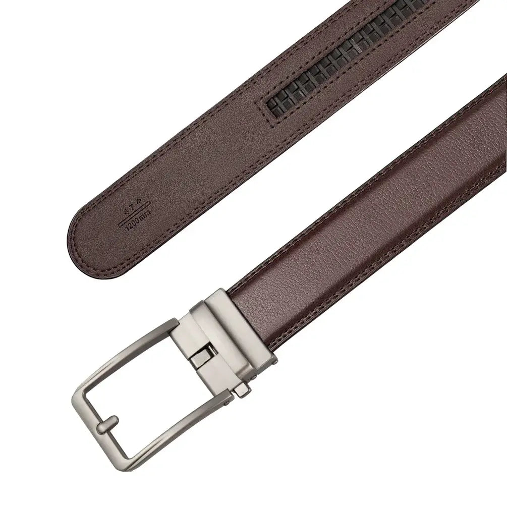 Men leather automatic buckle belt in brown leather with silver toned automatic buckle and textured black woven stripe detail.