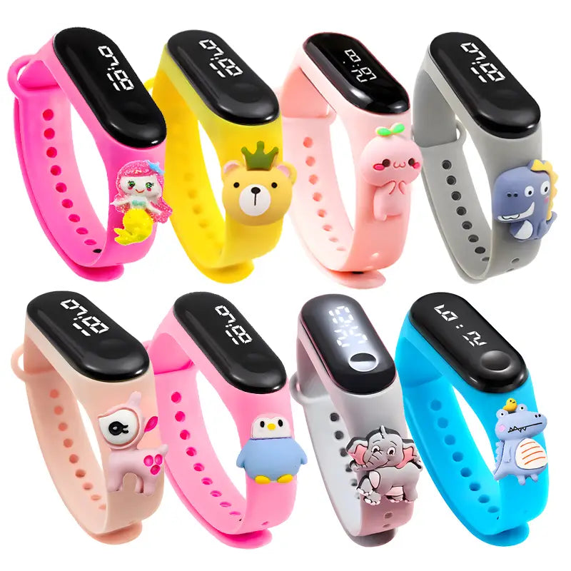 Colorful waterproof kids led digital sports watches made of silicone with digital displays and cute animal charms.
