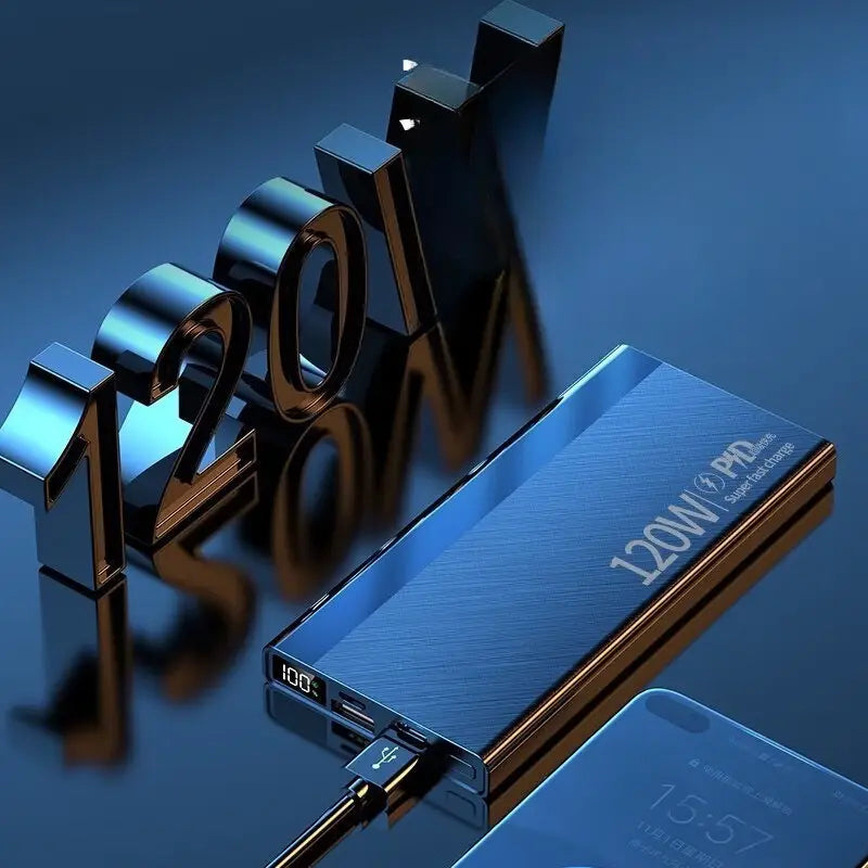 Banco de energía portátil de carga rápida de 120 W en color azul metalizado con acabado cepillado y pantalla digital.