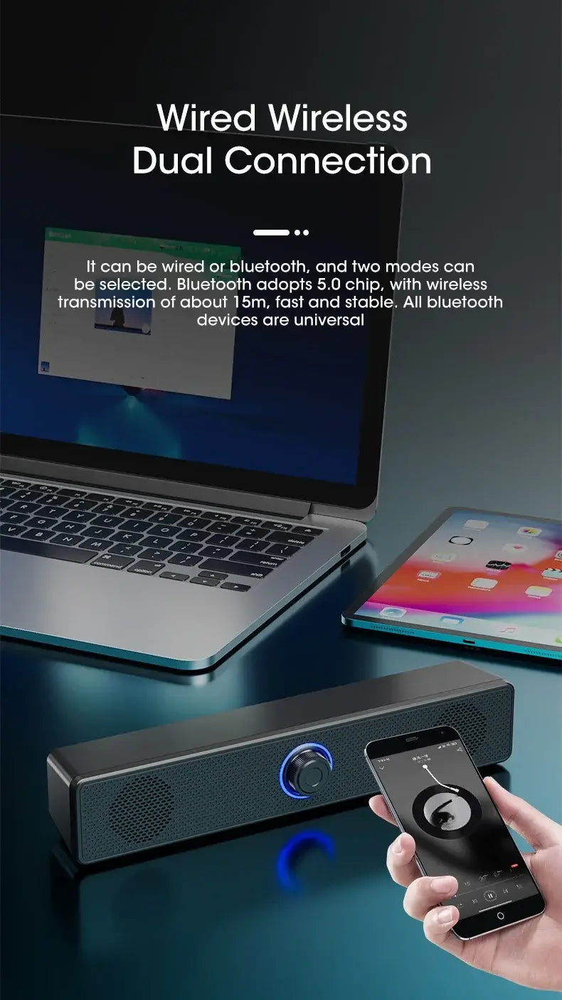 Black rectangular Bluetooth computer speaker wireless desktop soundbar with blue illuminated control knob and mesh grille on the sides.