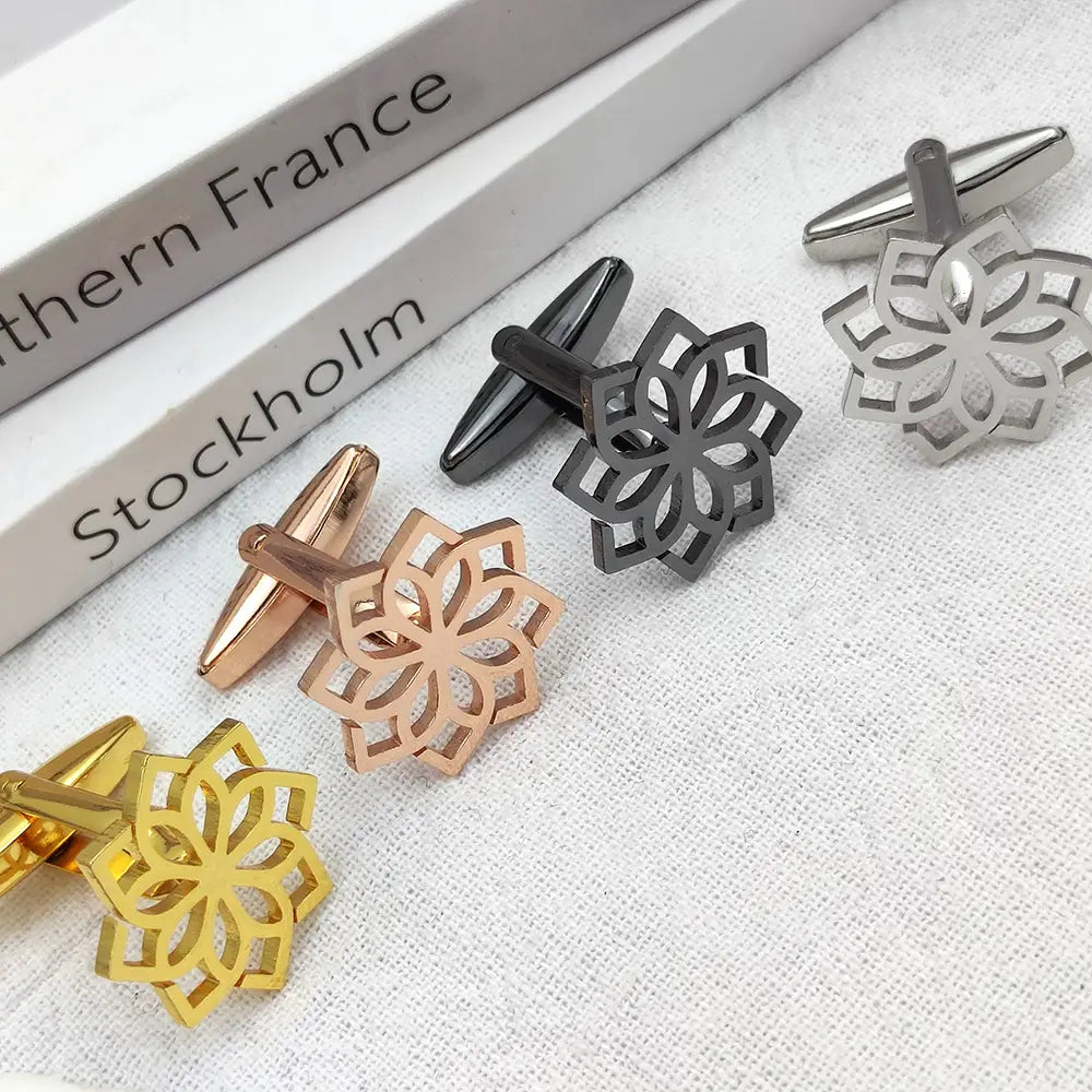 Set of four stainless steel floral cufflinks for men in gold rose gold black and silver finishes.